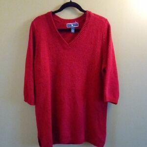 Karen Scott Red And Black Speckled V-Neck Sweater with Three-Quarter Sleeves OX